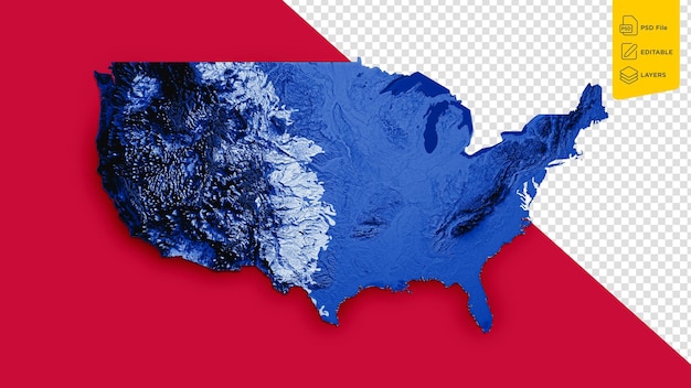 Mapa de los Estados Unidos con los colores de la bandera azul y blanco Mapa de relieve sombreado sobre fondo rojo Ilustración en 3D