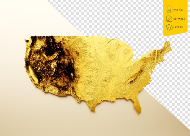 PSD mapa de los estados unidos metal dorado mapa de altura de color ilustración 3d de fondo