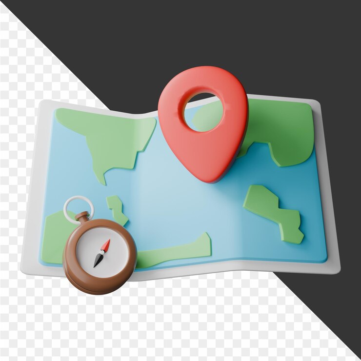 PSD un mapa con una flecha roja y una brújula en él
