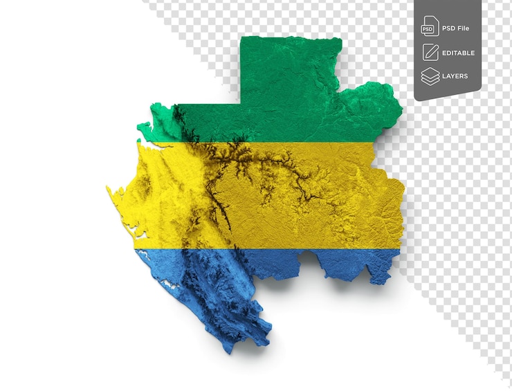 PSD mapa de gabón bandera de gabón mapa de altura de color en relieve sombreado sobre fondo blanco ilustración 3d