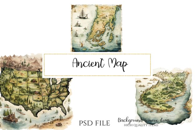 PSD mapa geográfico antiguo clipart ilustración de mapa para libros de cuentos y creación de diarios