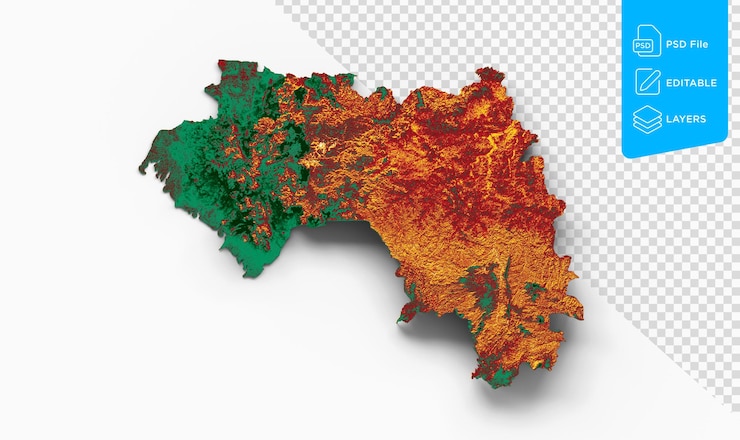 PSD mapa de guinea con la bandera de colores rojo y verde sombreado mapa de relieve sobre fondo blanco ilustración 3d