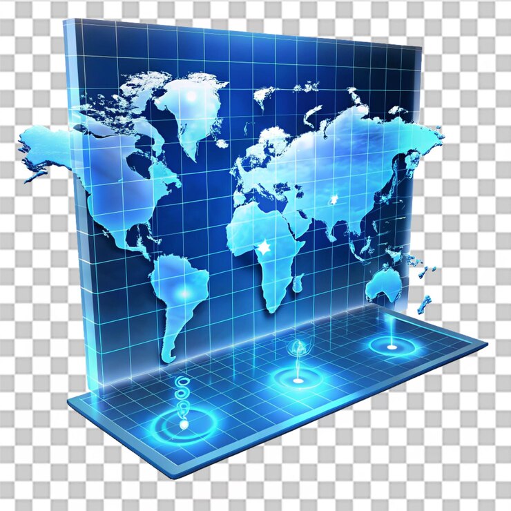 PSD mapa holográfico 3d do mundo com ícones interativos