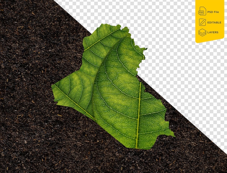 PSD mapa de irak hecho de hojas verdes en el concepto de ecología de fondo aislado