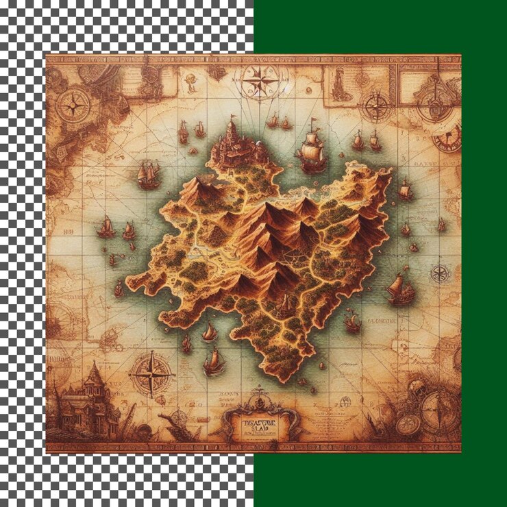 PSD mapa de la isla antigua con elementos náuticos detallados en fondo transparente png psd