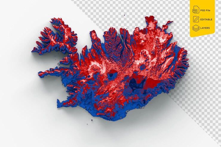 PSD mapa de islandia con la bandera color rojo y azul sombreado relieve mapa fondo blanco ilustración 3d