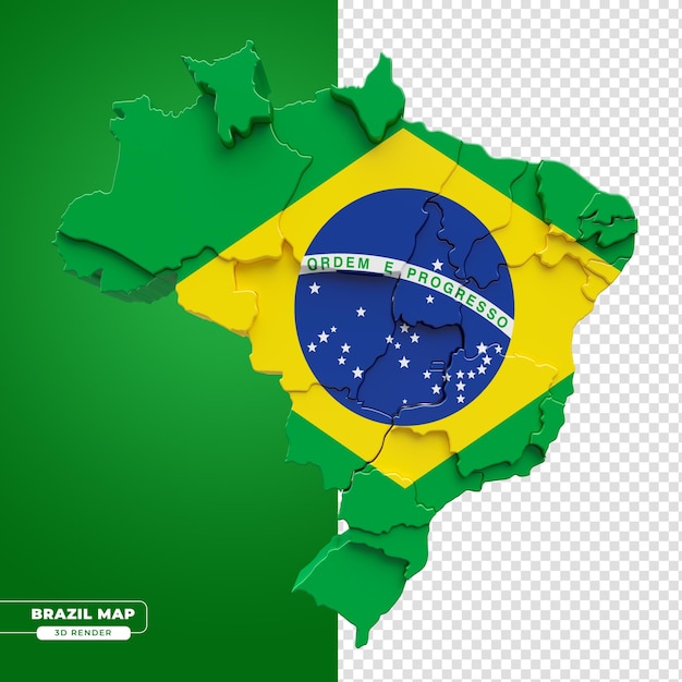 Mapa isométrico do brasil com bandeira brasileira em renderização 3d com fundo transparente