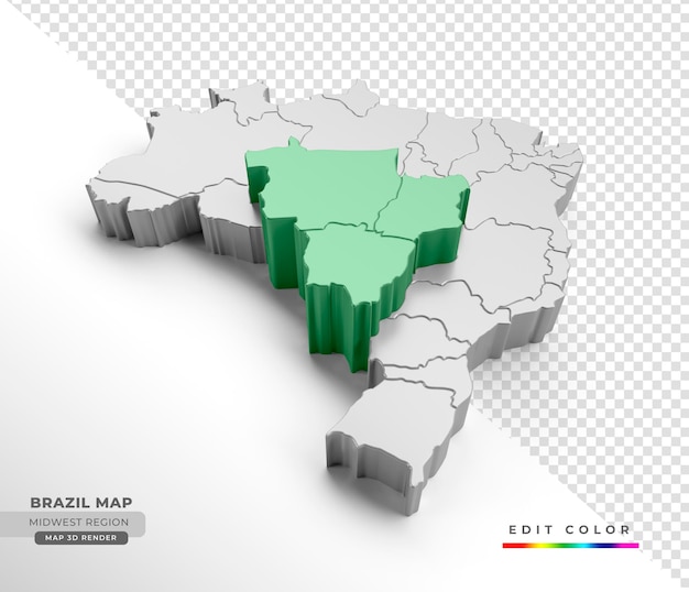 Mapa isométrico do brasil com ênfase na região centro-oeste em renderização 3d