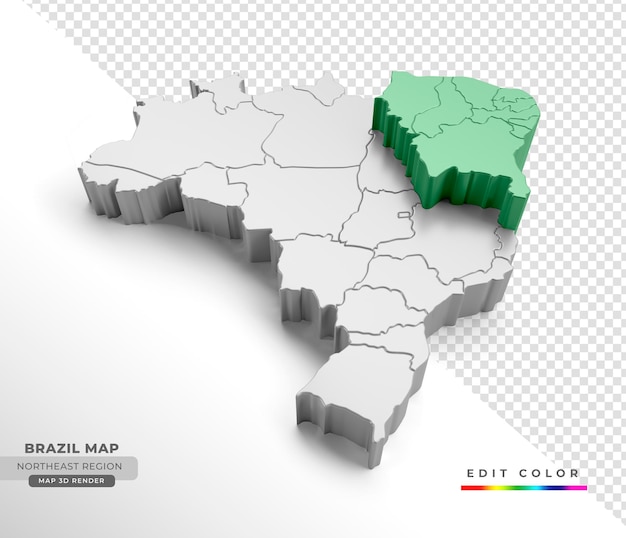 PSD mapa isométrico do brasil com ênfase na região nordeste em renderização 3d