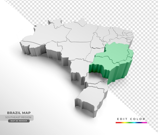 PSD mapa isométrico do brasil com ênfase na região sudeste em renderização 3d