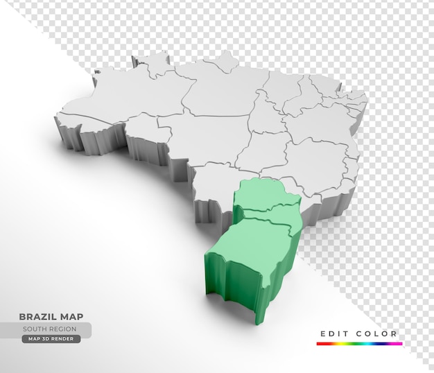 Mapa isométrico do brasil com ênfase na região sul em renderização 3d