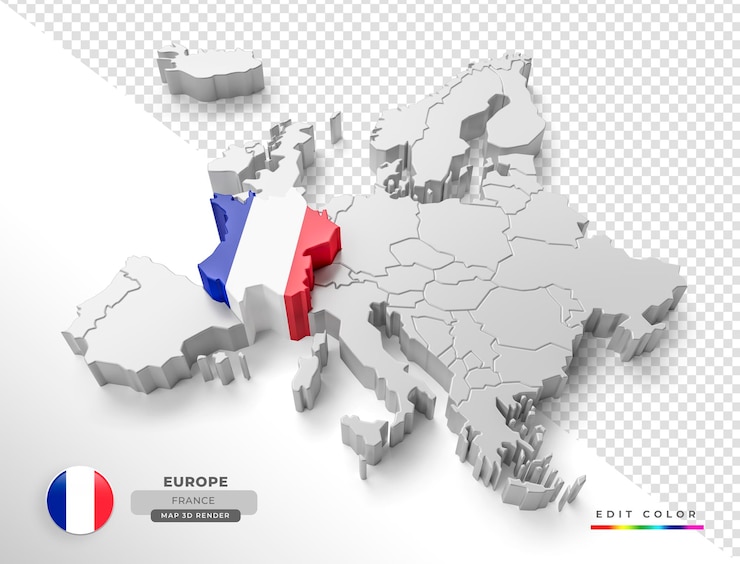 PSD mapa isométrico de francia europa con bandera en 3d render