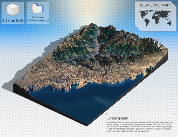 PSD mapa isométrico del terreno virtual 3d para infografía.