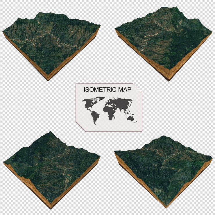 PSD mapa isométrico virtual terreno 3d para infografía retrato de mujer hermosa