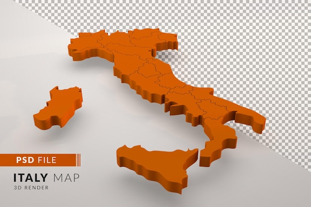 PSD mapa de italia naranja un render 3d aislado con regiones italianas