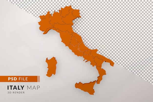 PSD mapa de italia naranja un render 3d aislado con vista superior de las regiones italianas