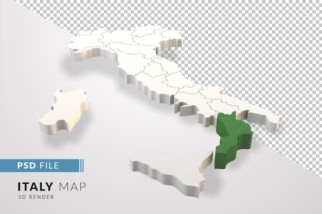 Mapa de italia un render 3d aislado con las regiones italianas de calabria