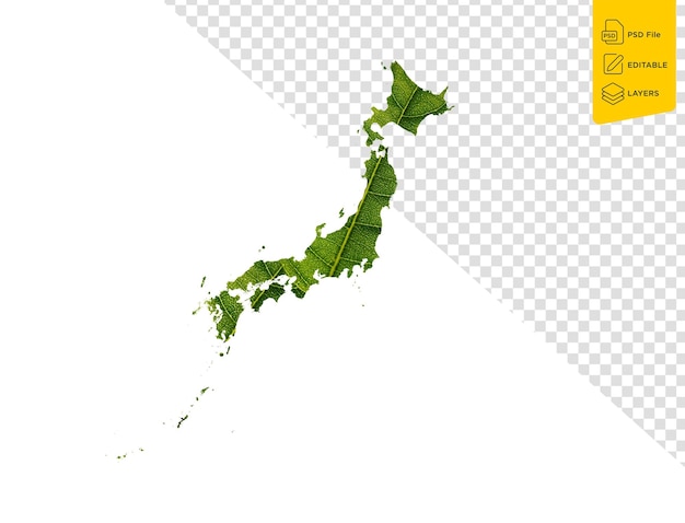 Mapa de Japón hecho de hojas verdes en concepto de ecología de fondo aislado