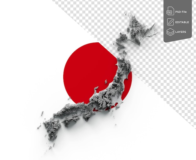 Mapa de Japón Relieve sombreado Color Altura Mapa en el fondo de la bandera de Japón Ilustración 3d