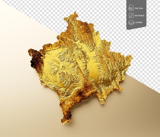 Mapa de kosovo color de metal dorado mapa de altura en fondo beige ilustración en 3d