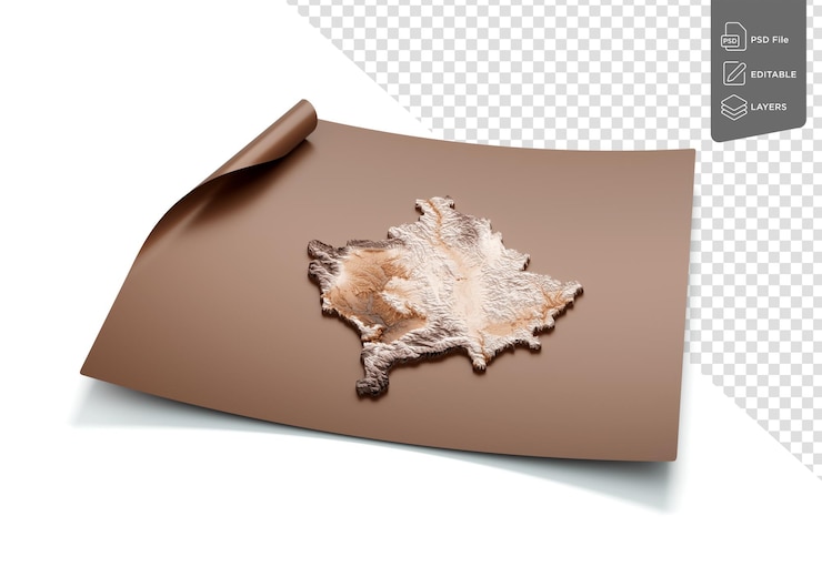 PSD mapa de kosovo estilo antiguo marrón en hoja de papel de mapa desenrollado sobre fondo blanco ilustración 3d