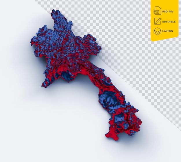Mapa de Laos con la bandera Colores azul y rojo Mapa en relieve sombreado Ilustración 3d