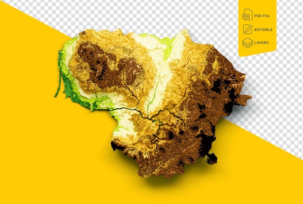 Mapa de Lituania Relieve sombreado Color altura Mapa en fondo amarillo Ilustración 3d