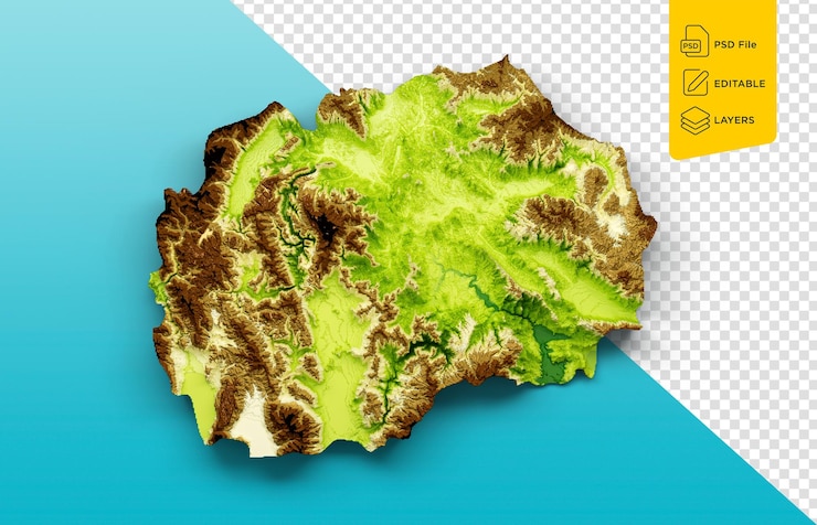 PSD mapa de macedonia del norte relieve sombreado mapa de altura en color de fondo azul marino ilustración 3d