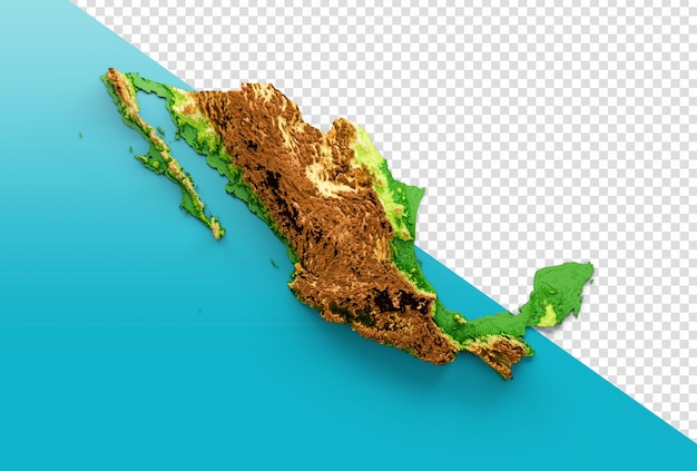 Mapa de méxico relieve sombreado mapa de altura de color sobre fondo aislado ilustración 3d