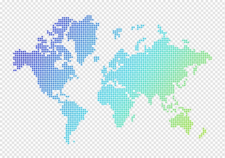 PSD mapa-múndi feito de pontos azuis e verdes isolados em fundo transparente