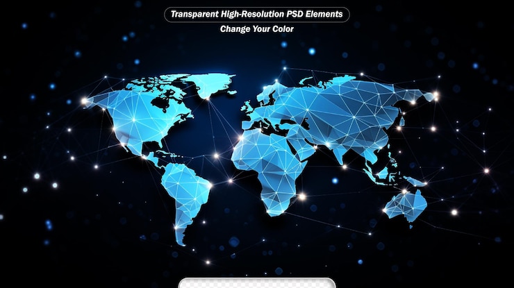 PSD mapa mundial y red de malla tecnológica transparente.