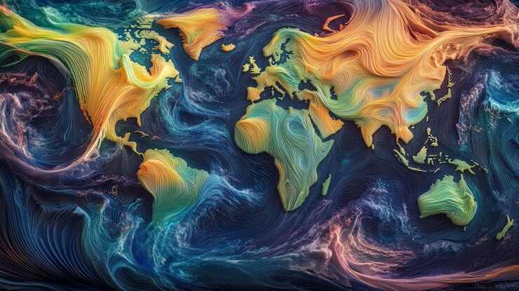 PSD mapa del mundo abstracto con patrones coloridos giratorios que representan la interconexión global y el flujo de energía