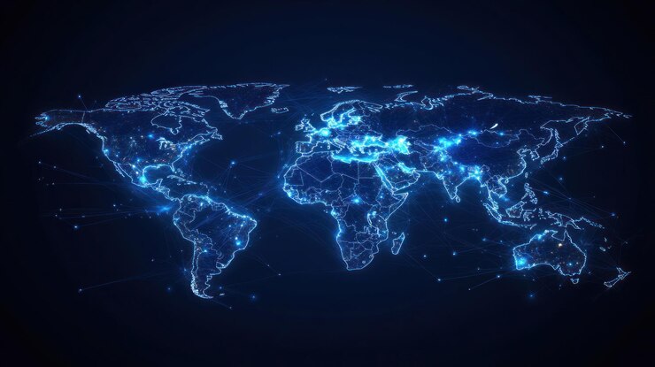 PSD un mapa del mundo azul brillante con líneas de conexión que representan conexiones y comunicaciones globales