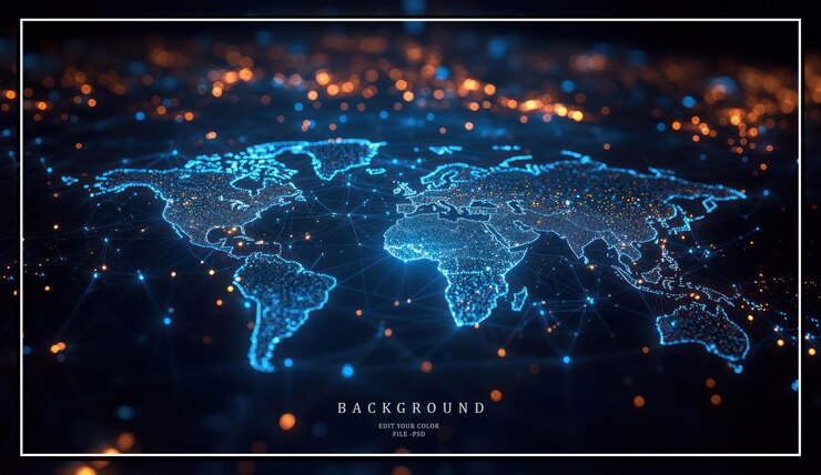 PSD un mapa del mundo azul y naranja brillante con una red de conexiones