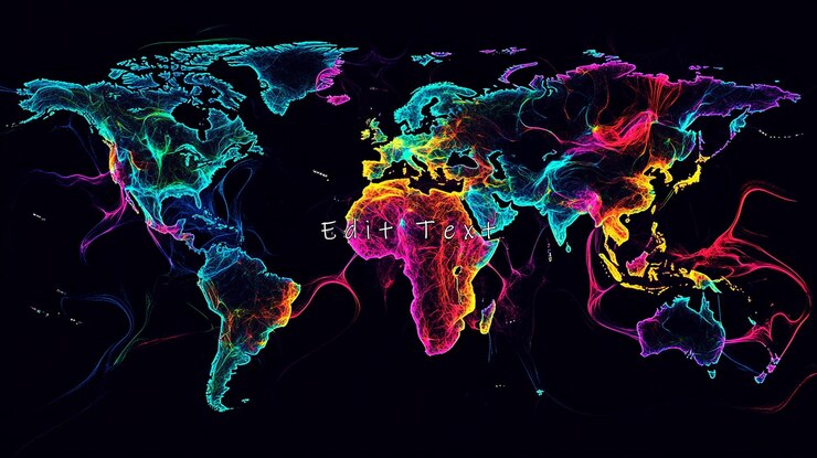 PSD un mapa del mundo de colores vibrantes con líneas fluidas que representan las conexiones globales