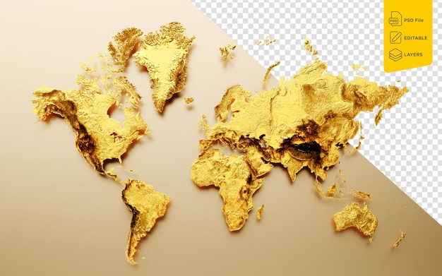 PSD mapa del mundo dorado brillante dorado mapa hiposométrico de metal suave dorado borroso fondo ilustración 3d