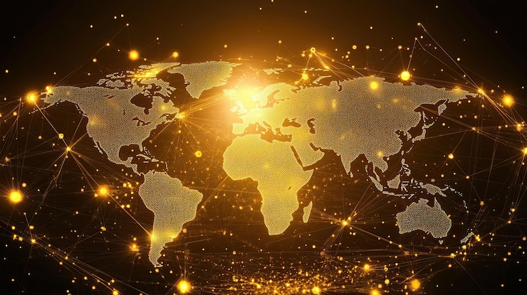 PSD mapa del mundo dorado con conexiones de red