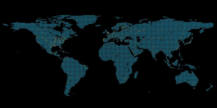 PSD un mapa del mundo con grandes ciudades iluminadas con elegantes puntos de renderizado 3d