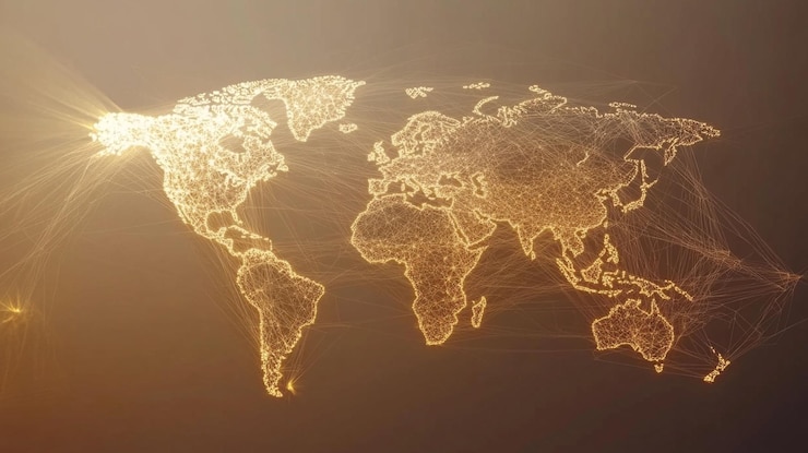 PSD mapa del mundo iluminado dorado con líneas de conexión