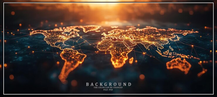 PSD mapa del mundo iluminado con líneas brillantes que conectan los continentes