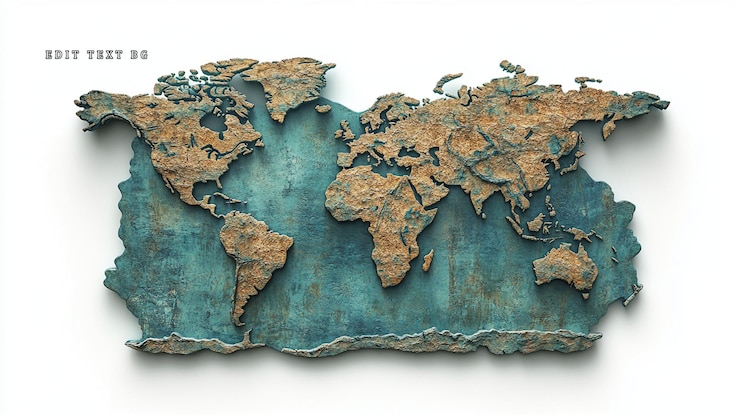 PSD mapa del mundo con textura oxidada con océano azul azul aislado en blanco