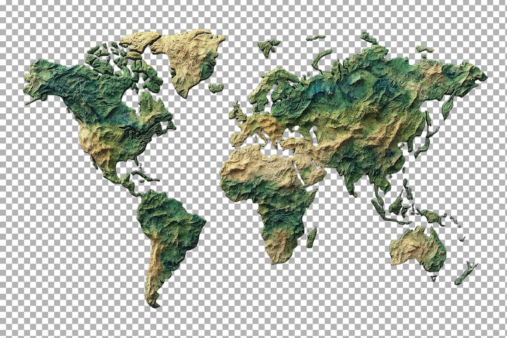 PSD mapa del mundo tridimensional detallado que muestra características geográficas y topografía en colores vibrantes que enfatizan los océanos y las formas del terreno