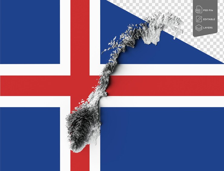PSD mapa de noruega en negro y blanco con relieve sombreado mapa en fondo de la bandera de noruega ilustración en 3d