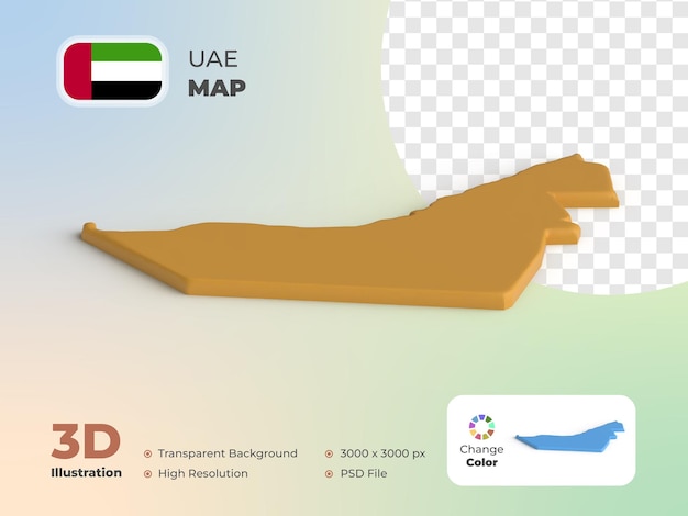 PSD mapa del país de los emiratos árabes unidos en 3d con fondo transparente y puede cambiar de color