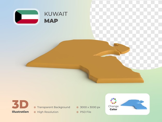 PSD mapa del país de kuwait en 3d con fondo transparente y puede cambiar de color