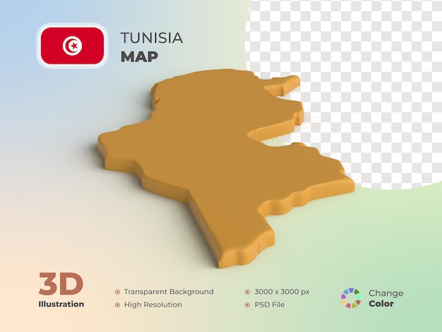 Mapa del país de Túnez renderizado en 3D con fondo transparente y puede cambiar de color