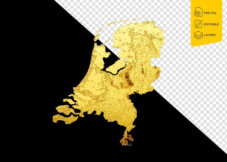 PSD mapa de los países bajos color de metal dorado mapa de altura en fondo negro ilustración 3d