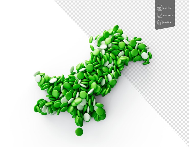 PSD mapa de pakistán hecho con caramelos verdes y blancos aislados sobre fondo blanco ilustración 3d
