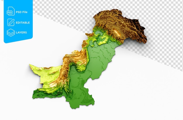 PSD mapa de pakistán relieve sombreado mapa de altura de color sobre fondo aislado ilustración 3d