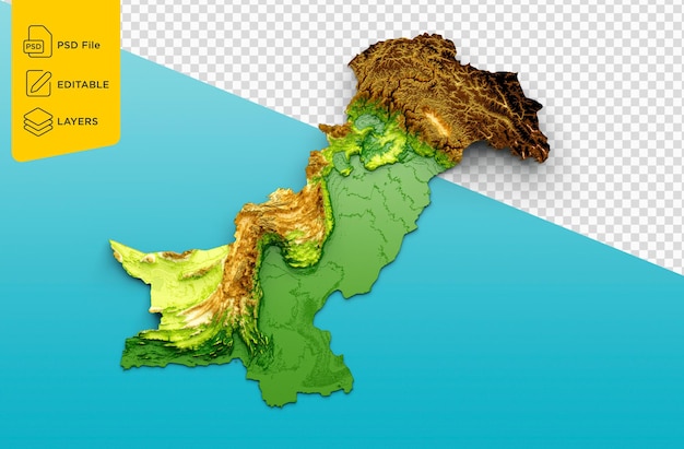 PSD mapa de pakistán relieve sombreado mapa de altura de color sobre fondo aislado ilustración 3d